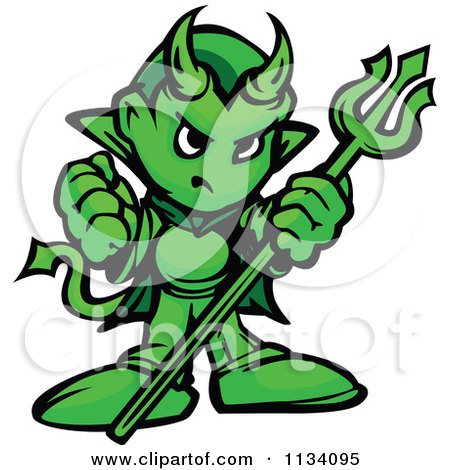 Cartoon Of A Tough Green Devil Holding Up A Fist And Trident - Royalty Free Vector Clipart by Chromaco