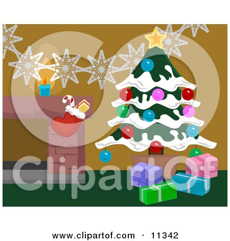 Christmas Decorations by a Fireplace in a Home, Christmas Tree and Stocking Clipart Illustration by AtStockIllustration