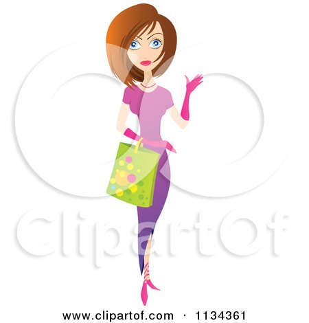 Clipart Of A Brunette Woman Carrying A Shopping Bag And Presenting - Royalty Free Vector Illustration by YUHAIZAN YUNUS