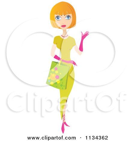 Clipart Of A Blond Woman Carrying A Shopping Bag And Presenting - Royalty Free Vector Illustration by YUHAIZAN YUNUS