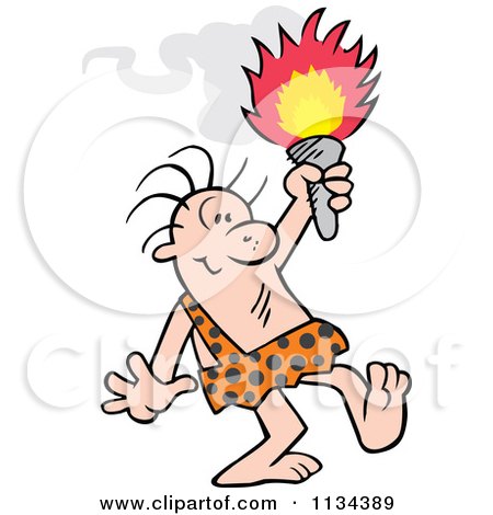 Cartoon Of A Caveman Holding Up A Torch - Royalty Free Vector Clipart by Johnny Sajem