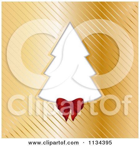 Clipart Of A White Christmas Tree Frame And Red Bow On Gold Stripes - Royalty Free Vector Illustration by elaineitalia