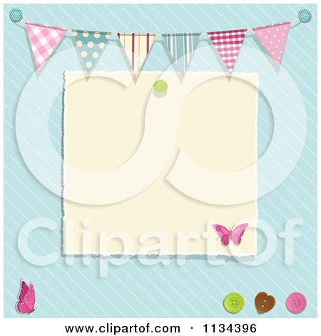 Clipart Of A Scrapbooking Paper With Buttons Flags And Butterflies On Blue - Royalty Free Vector Illustration by elaineitalia