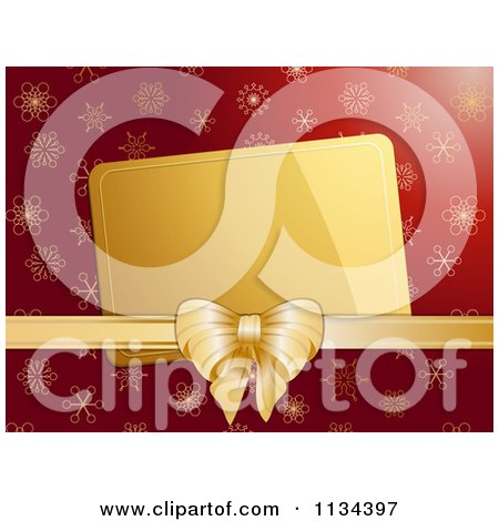 Clipart Of A Tag With Gold Ribbon Over Red Snowflakes - Royalty Free Vector Illustration by elaineitalia