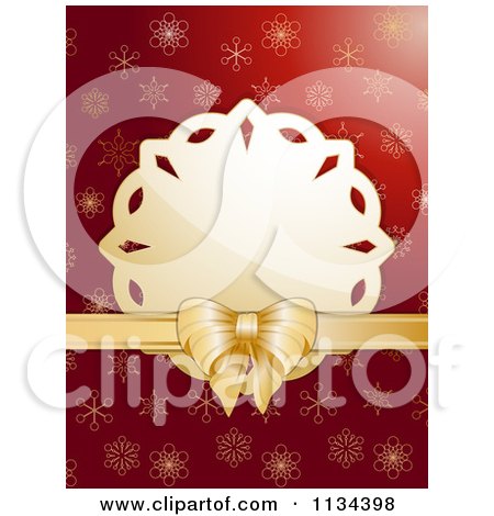 Clipart Of A Snowflake Tag With Gold Ribbon Over Red Snowflakes - Royalty Free Vector Illustration by elaineitalia