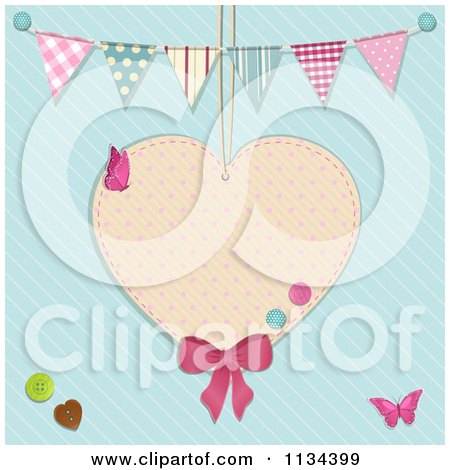 Clipart Of A Suspended Heart With Buttons And Buntings Over Blue - Royalty Free Vector Illustration by elaineitalia