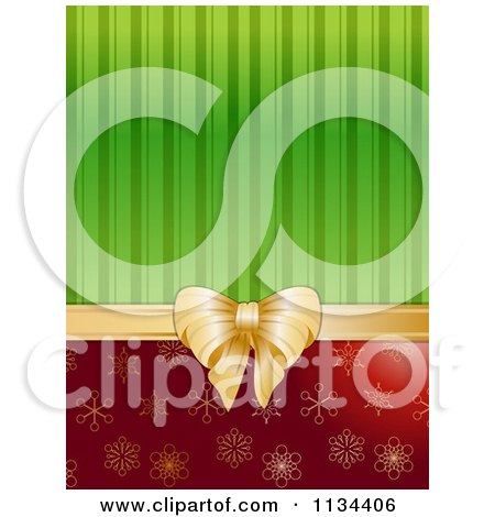 Clipart Of A Christmas Gift Background Of Green Stripes Red Snowflakes And A Gold Bow - Royalty Free Vector Illustration by elaineitalia