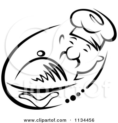 Clipart Of A Black And White Asian Chef Holding A Platter 1 - Royalty Free Vector Illustration by Vector Tradition SM