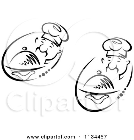 Clipart Of Black And White Asian Chefs Holding Platters - Royalty Free Vector Illustration by Vector Tradition SM