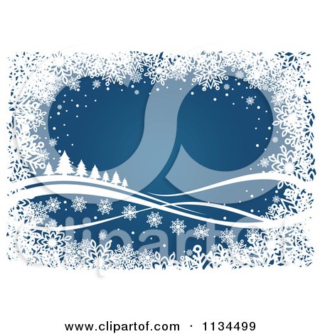 Clipart Of A Blue Winter Snowflake And Tree Christmas Background - Royalty Free Vector Illustration by Vector Tradition SM