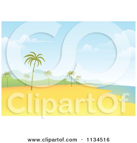 Clipart Of A Tropical Beach With Palm Trees And Mountains - Royalty Free Vector Illustration by Qiun
