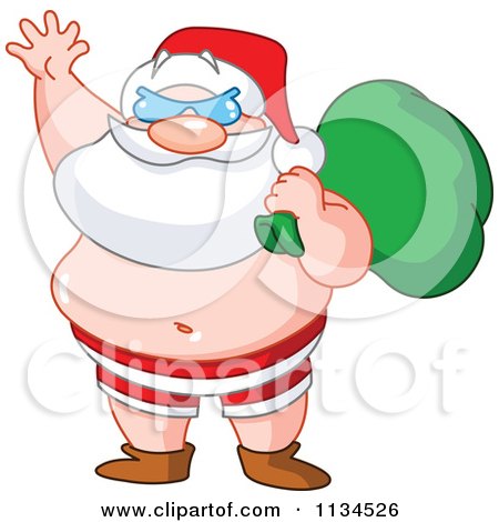 Cartoon Of Santa Waving In His Beach Shorts And Sunglasses - Royalty Free Vector Clipart by yayayoyo