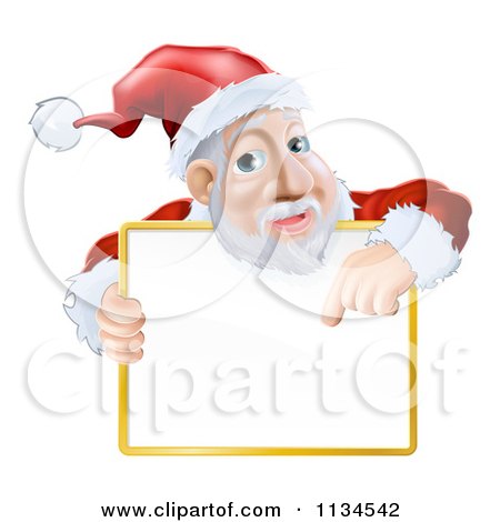 Cartoon Of Santa Pointing Down To A Sign Over His Torso - Royalty Free Vector Clipart by AtStockIllustration