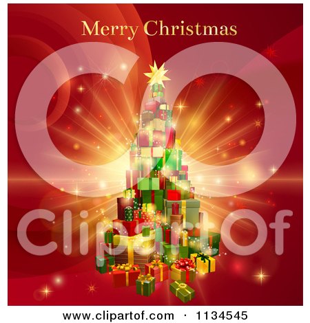 Clipart Of A Tree Of Gifts And Merry Christmas Greeting On Red - Royalty Free Vector Illustration by AtStockIllustration