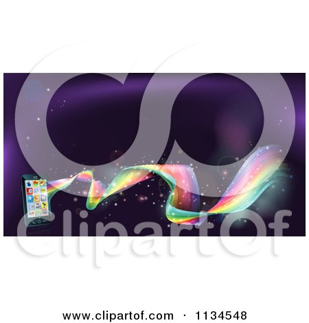 Clipart Of A Rainbow Wave Flowing From A Cell Phone With Apps - Royalty Free Vector Illustration by AtStockIllustration