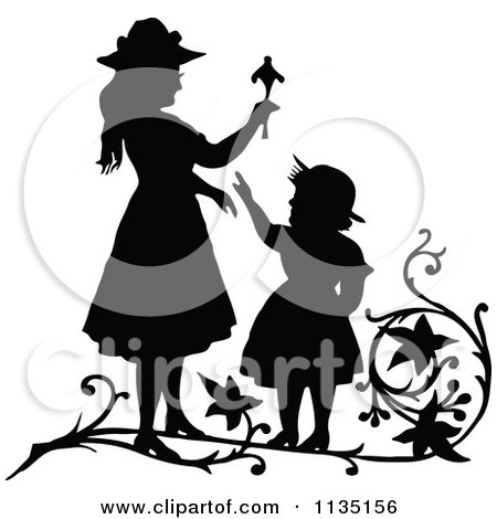 Clipart Of Retro Vintage Silhouetted Girls Playing - Royalty Free Vector Illustration by Prawny Vintage