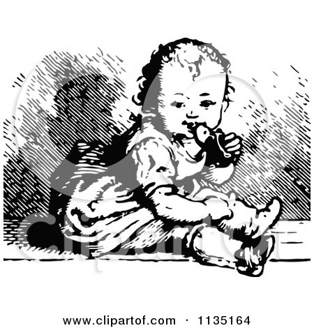 Clipart Of A Retro Black And White Baby Chewing A Shoe - Royalty Free Vector Illustration by Prawny Vintage