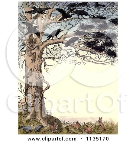 Clipart Of A Vintage Frame Of Crows In A Tree Over Rabbits And Pigeons - Royalty Free Illustration by Prawny Vintage