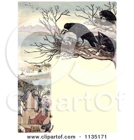 Clipart Of A Vintage Frame Of Nesting Crows Over A Village - Royalty Free Illustration by Prawny Vintage