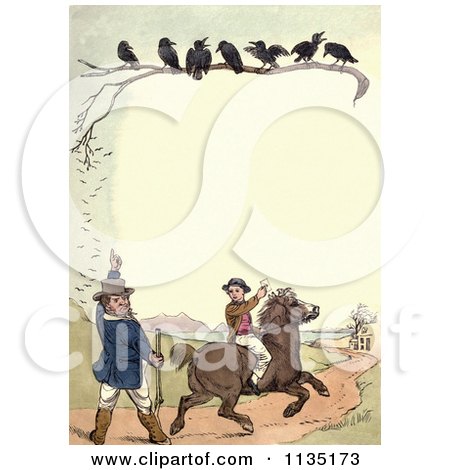Clipart Of A Vintage Frame Of Crows Over Hunters - Royalty Free Illustration by Prawny Vintage
