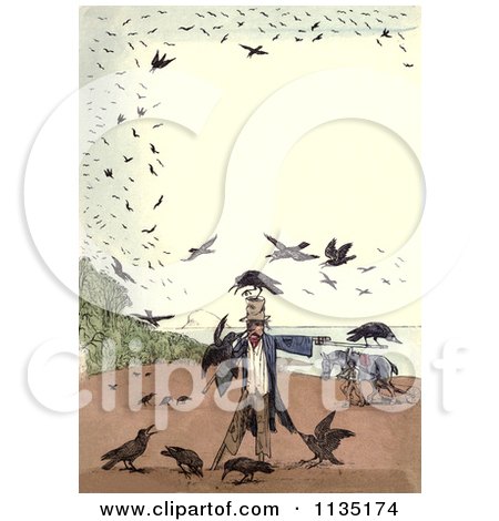 Clipart Of A Vintage Frame Of Crows Around A Scarecrow - Royalty Free Illustration by Prawny Vintage