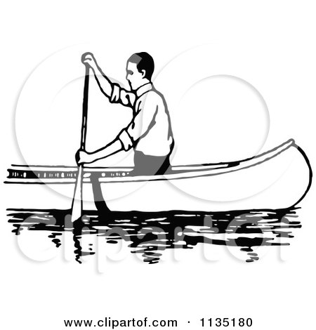 Clipart Of A Retro Vintage Black And White Man Canoeing 3 - Royalty Free Vector Illustration by Prawny Vintage