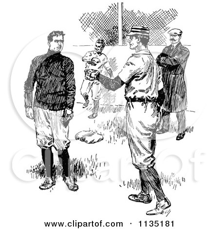 Clipart Of Retro Black And White Baseball Players Talking At Home Base - Royalty Free Vector Illustration by Prawny Vintage