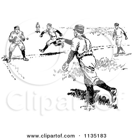 Clipart Of A Retro Black And White Baseball Player Running For A Base As A Ball Is Thrown - Royalty Free Vector Illustration by Prawny Vintage