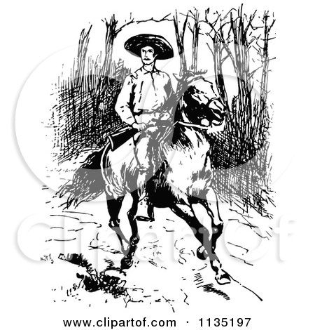 Clipart Of A Retro Vintage Black And White Man With A Rifle On A Horse - Royalty Free Vector Illustration by Prawny Vintage