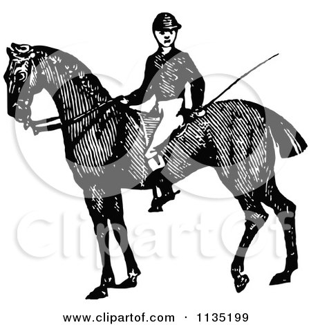 Clipart Of A Retro Vintage Black And White Jockey On A Horse - Royalty Free Vector Illustration by Prawny Vintage