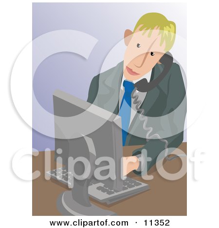 Business Man Taking a Phone Call and Using a Computer Clipart Illustration by AtStockIllustration