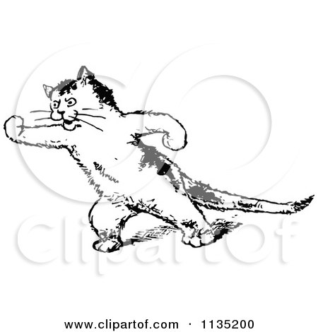 Clipart Of A Retro Vintage Black And White Threatening Cat - Royalty Free Vector Illustration by Prawny Vintage