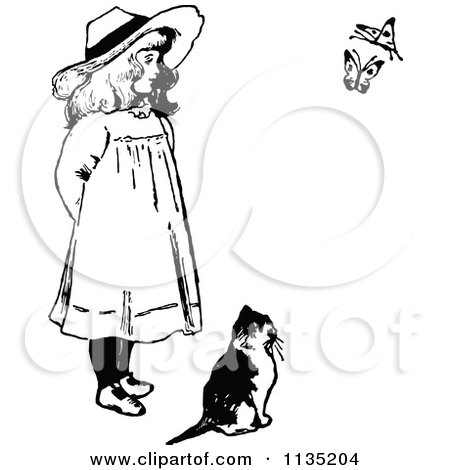 Clipart Of A Retro Vintage Black And White Girl And Cat Watching Butterflies - Royalty Free Vector Illustration by Prawny Vintage