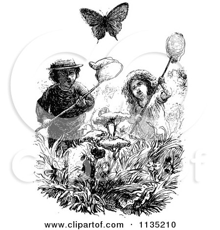 Clipart Of Retro Vintage Black And White Kids Chasing Butterflies 4 - Royalty Free Vector Illustration by Prawny Vintage