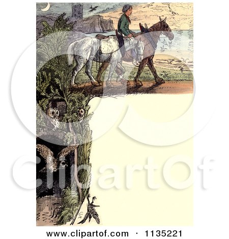 Clipart Of A Vintage Frame Of Owls A Man And Horses - Royalty Free Illustration by Prawny Vintage
