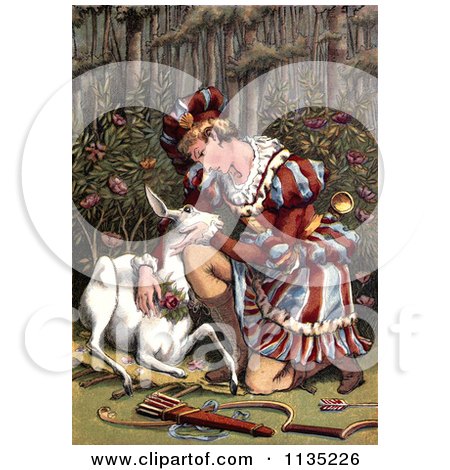 Clipart Of A Hunter Warrior Holding A White Fawn After The Kill - Royalty Free Illustration by Prawny Vintage