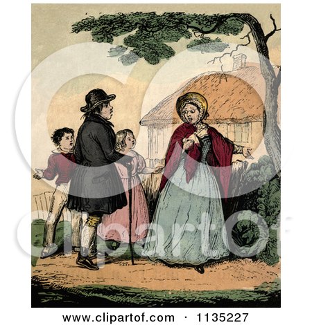 Clipart Of A Distressed Lady Gesturing To Her Yard And Her Family - Royalty Free Illustration by Prawny Vintage