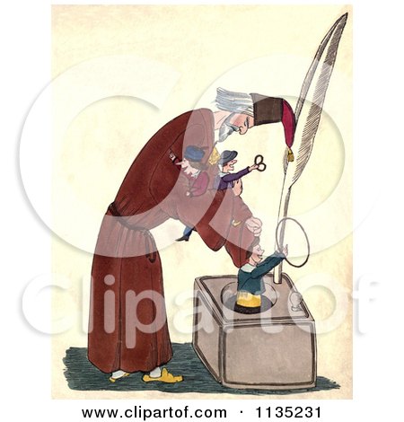 Clipart Of A Man Putting Toys In A Large Ink Well - Royalty Free Illustration by Prawny Vintage