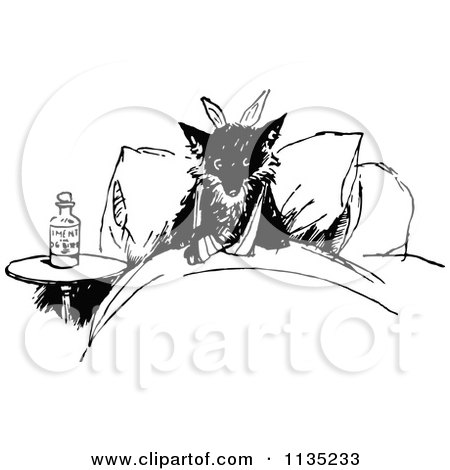 Clipart Of A Retro Vintage Black And White Injured Fox In Bed - Royalty Free Vector Illustration by Prawny Vintage