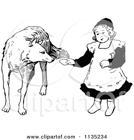 Clipart Of A Retro Vintage Black And White Girl Feeding A Wolf - Royalty Free Vector Illustration by Prawny Vintage