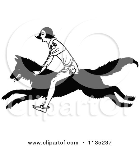 Clipart Of A Retro Vintage Black And White Boy Riding A Wolf - Royalty Free Vector Illustration by Prawny Vintage