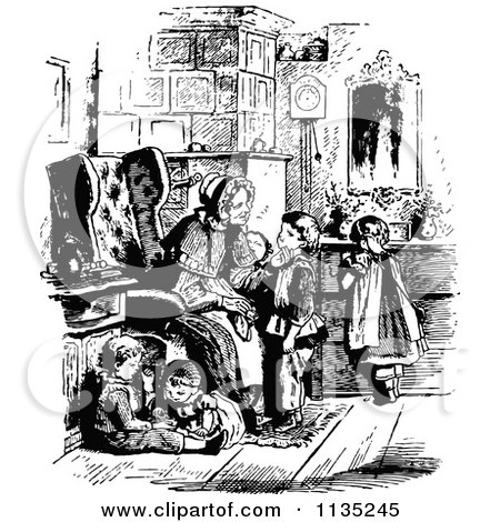 Clipart Of Retro Vintage Black And White Children With Granny - Royalty Free Vector Illustration by Prawny Vintage