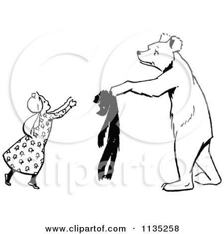 Clipart Of A Retro Vintage Black And White Bear Handing A Girl A Teddy - Royalty Free Vector Illustration by Prawny Vintage
