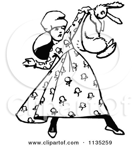 Clipart Of A Retro Vintage Black And White Girl Holding Up A Rabbit - Royalty Free Vector Illustration by Prawny Vintage