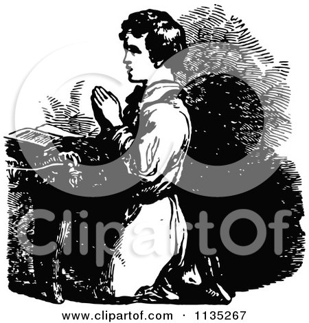 Clipart Of A Retro Vintage Black And White Boy Kneeling In Prayer - Royalty Free Vector Illustration by Prawny Vintage