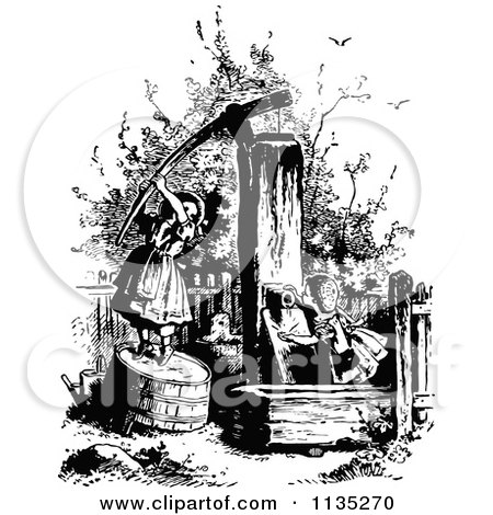 Clipart Of Retro Vintage Black And White Girls At A Water Pump - Royalty Free Vector Illustration by Prawny Vintage