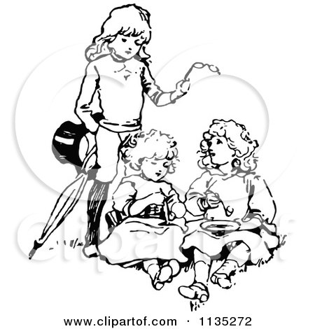 Clipart Of A Retro Vintage Black And White Boy With Two Girls And Glasses - Royalty Free Vector Illustration by Prawny Vintage