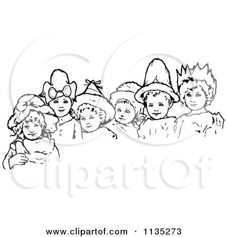 Clipart Of Retro Vintage Black And White Children Wearing Hats - Royalty Free Vector Illustration by Prawny Vintage