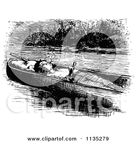 Clipart Of A Retro Vintage Black And White Boy Smoking A Pipe In A Boat - Royalty Free Vector Illustration by Prawny Vintage