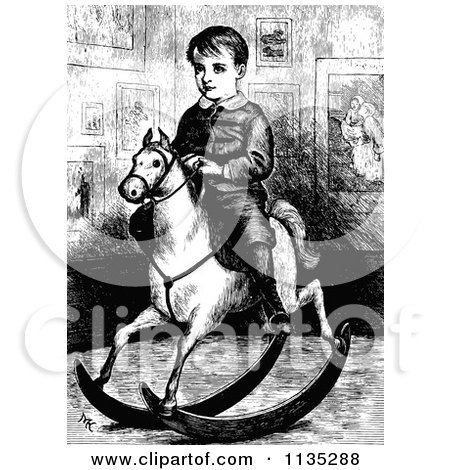 Clipart Of A Retro Vintage Black And White Boy On A Rocking Horse - Royalty Free Vector Illustration by Prawny Vintage